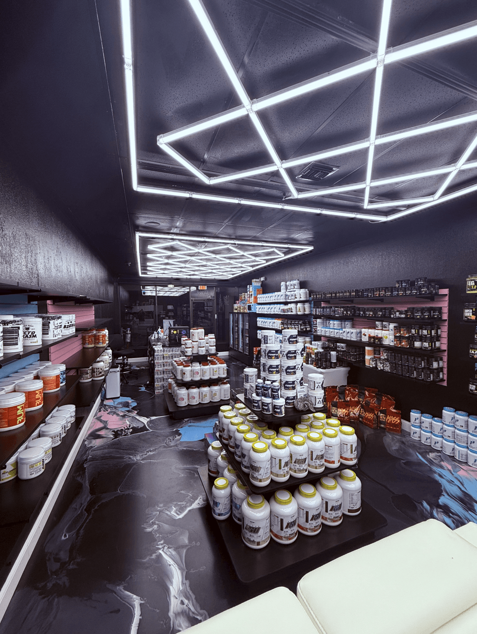 Retail store interior with custom epoxy flooring and geometric design